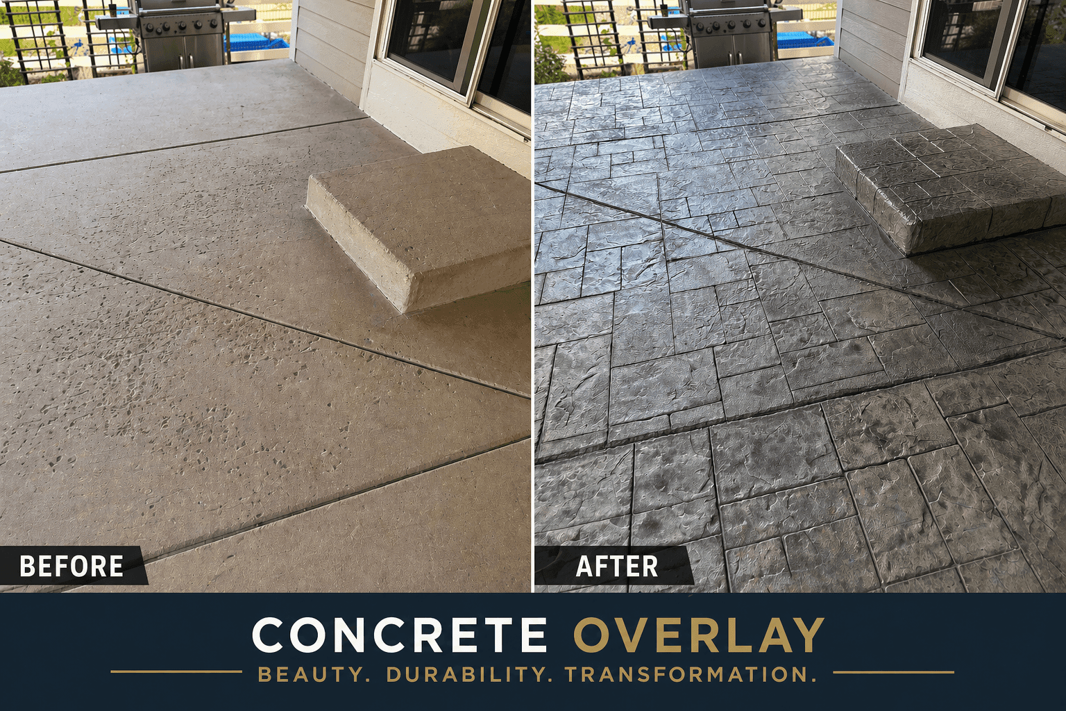 Side-by-side before and after of a concrete driveway resurfaced with a decorative overlay